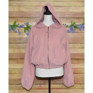 MINE Ladies Dusty Rose Pink Crop Corduroy Hooded Jacket Size L Full Zip Hoodie